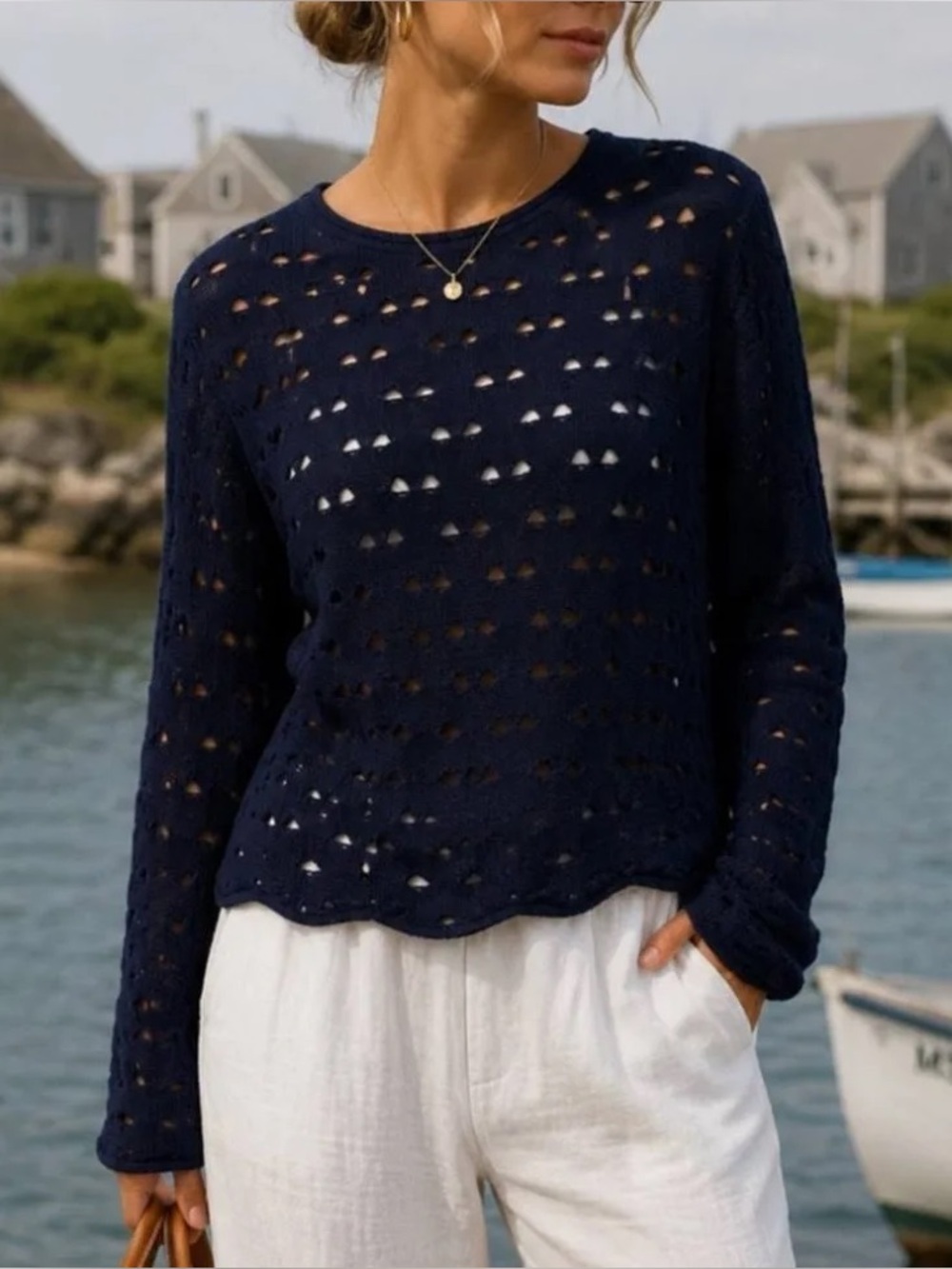 PARKER Navy High Lo Relaxed Open Knit Dropped Shoulder Sweater NWT Size Large
